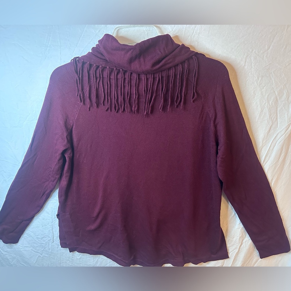 Central Park West Fringe Cowl Neck Sweater Burgundy XS Boho Knit Top
